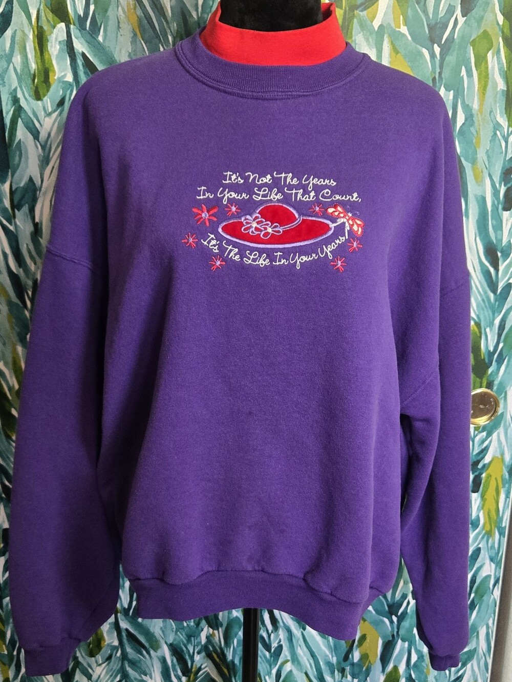 Vintage Purple Embroidered Crewneck Sweater - Women's Casual Pullover